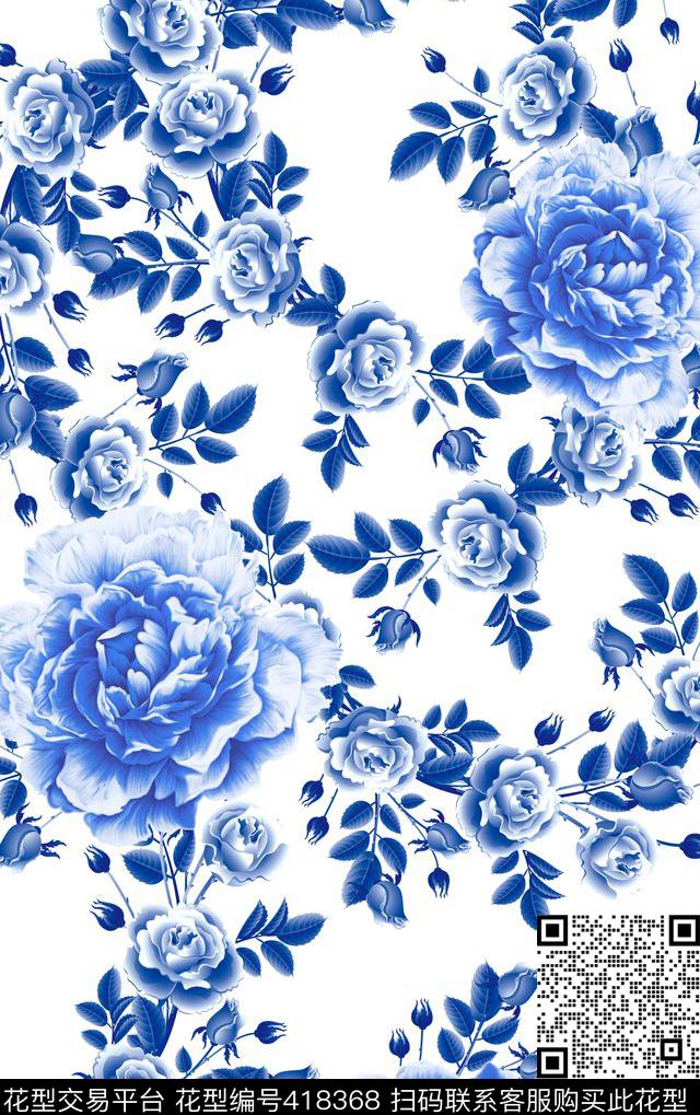 优雅花卉青花瓷时尚休闲数码印花华亿平台下载（图片编号: 418368） - 瓦栏（Walan）