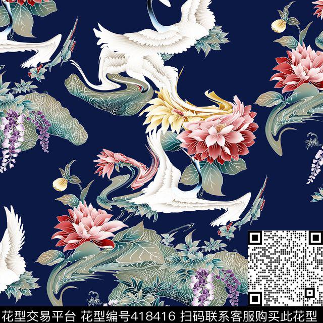 白鹤花瓣时尚中国风传统印花华亿平台下载（图片编号: 418416） - 瓦栏（Walan）