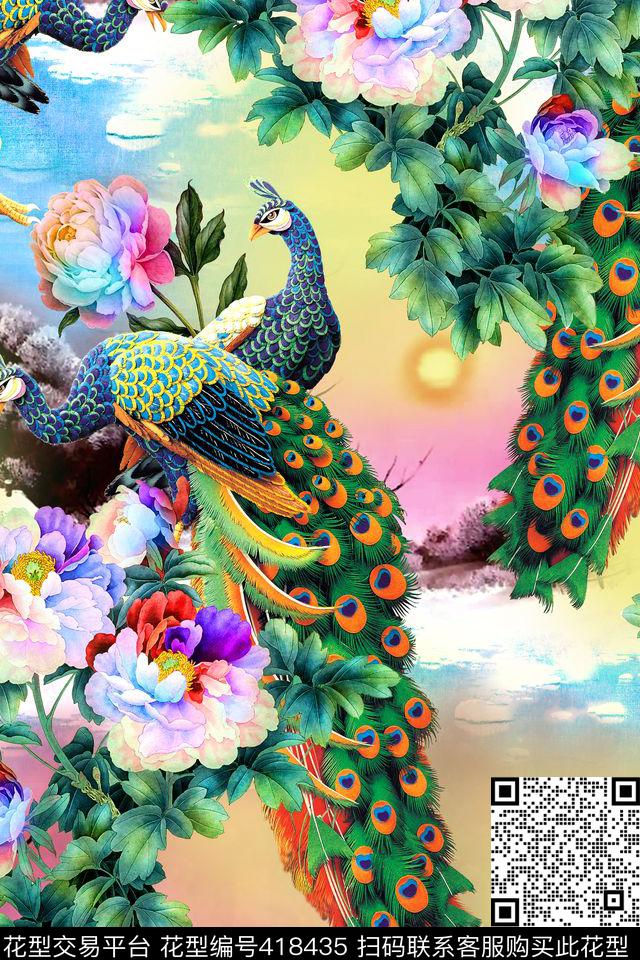 时尚孔雀花卉数码印花华亿平台下载（图片编号: 418435） - 瓦栏（Walan）