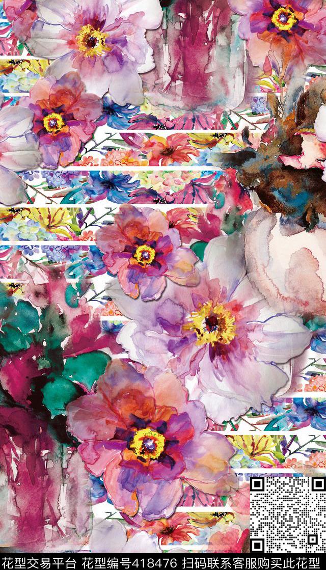 服装花卉水彩数码印花华亿平台下载（图片编号: 418476） - 瓦栏（Walan）