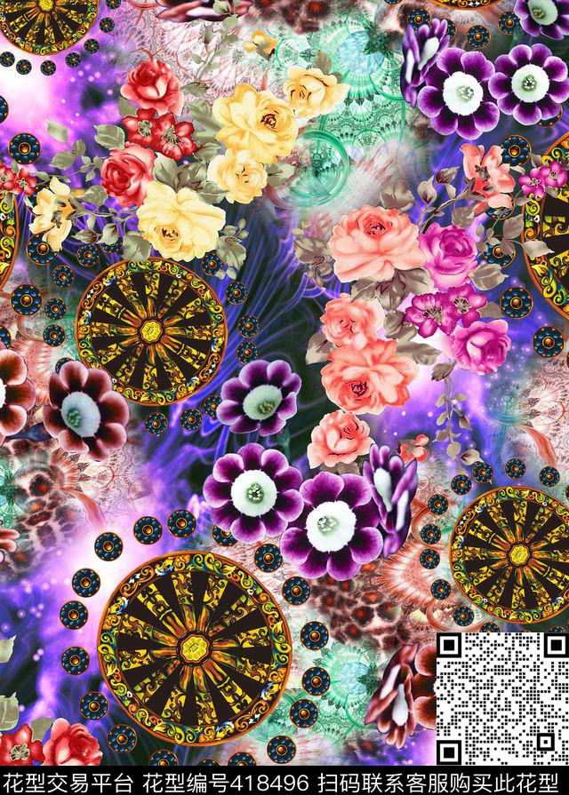 抽象花卉数码印花华亿平台下载（图片编号: 418496） - 瓦栏（Walan）