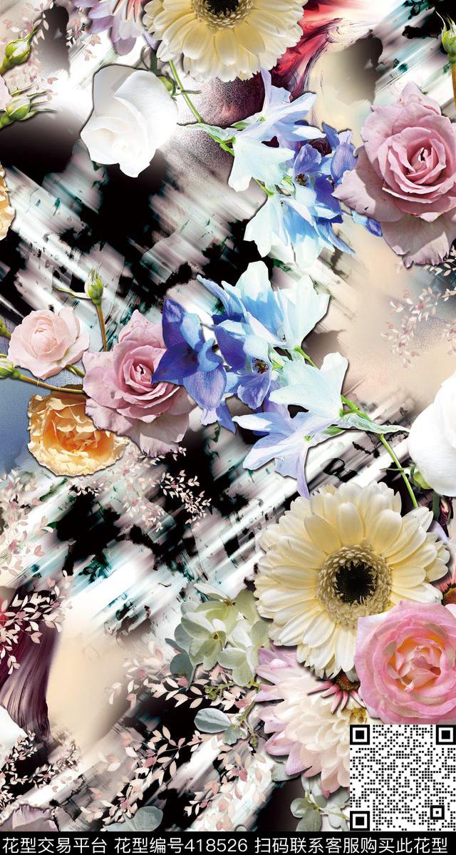 抽象线条服装花卉数码印花华亿平台下载（图片编号: 418526） - 瓦栏（Walan）