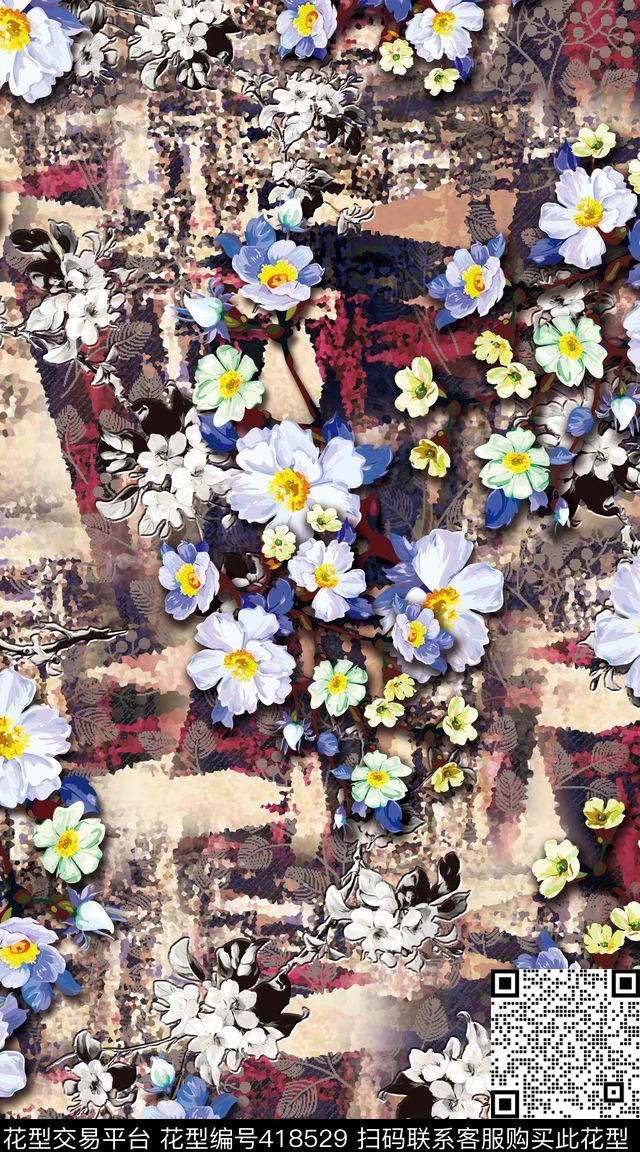 抽象几何服装花卉数码印花华亿平台下载（图片编号: 418529） - 瓦栏（Walan）