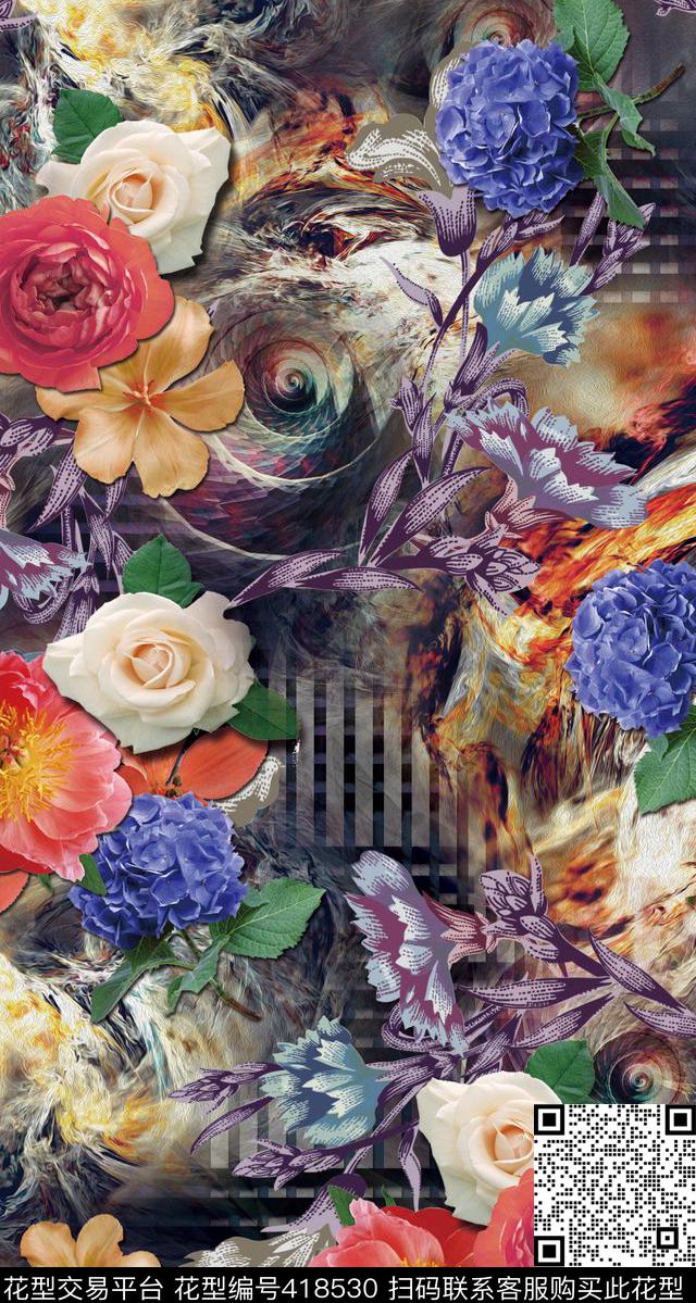 抽象服装花卉组合数码印花华亿平台下载（图片编号: 418530） - 瓦栏（Walan）