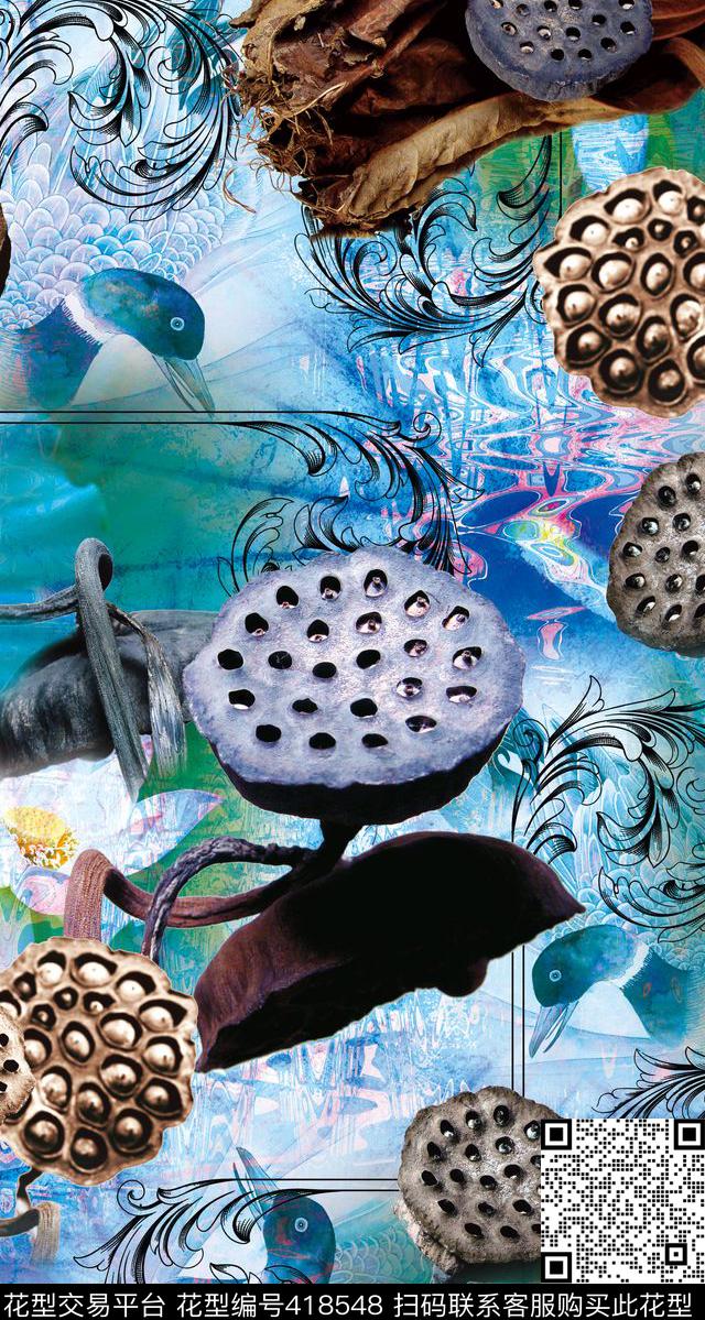 抽象荷花工笔鸭子荷花数码印花华亿平台下载（图片编号: 418548） - 瓦栏（Walan）