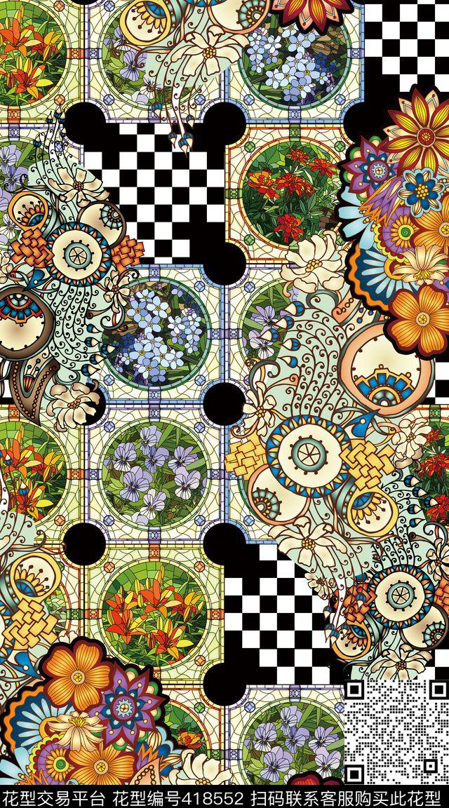 玻璃花卉服装格纹数码印花华亿平台下载（图片编号: 418552） - 瓦栏（Walan）