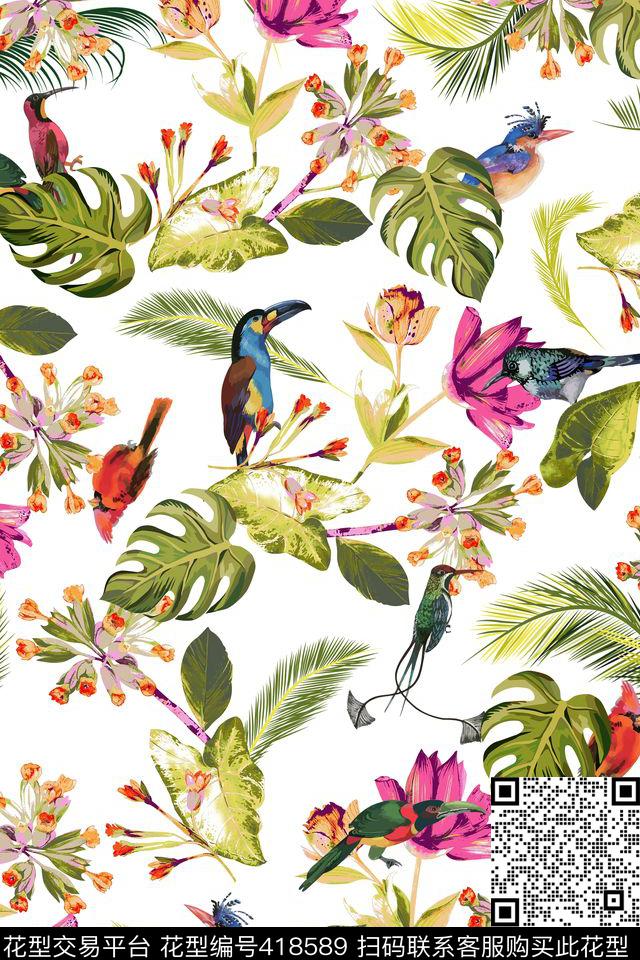 春夏款热带风情热带植物花鸟数码印花华亿平台下载（图片编号: 418589） - 瓦栏（Walan）
