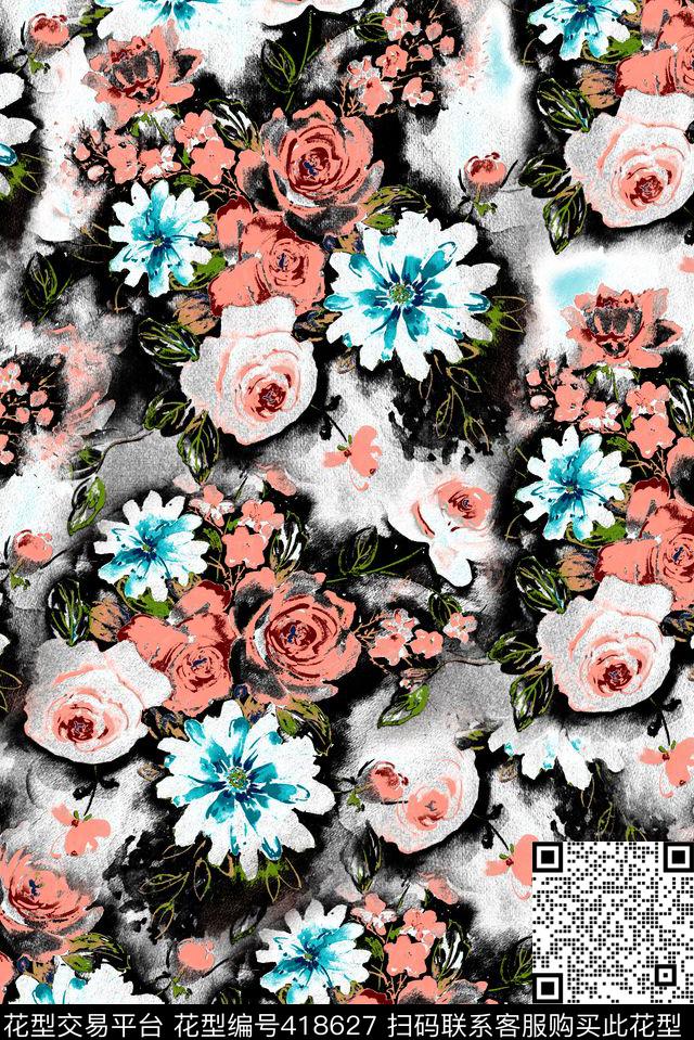 水彩水墨花卉传统印花华亿平台下载（图片编号: 418627） - 瓦栏（Walan）