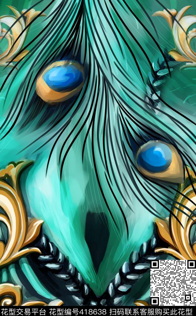 纯手绘孔雀蓝孔雀毛数码印花华亿平台下载（图片编号: 418638） - 瓦栏（Walan）