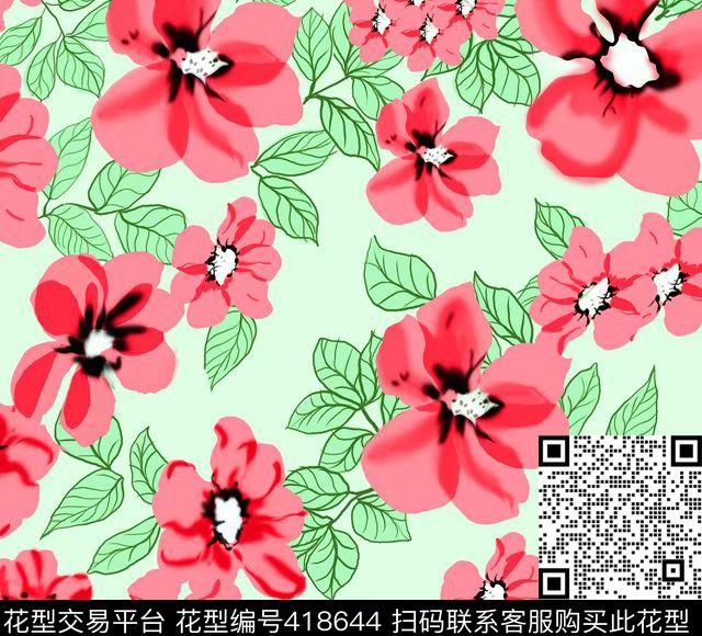 手绘花满版传统印花华亿平台下载（图片编号: 418644） - 瓦栏（Walan）