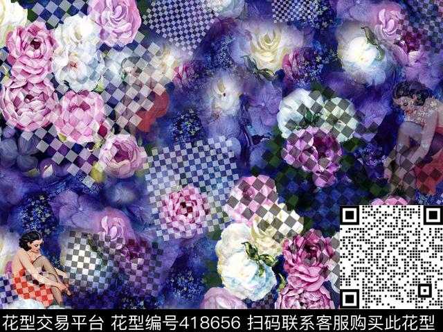 方格几何怀旧复古美女插画数码印花华亿平台下载（图片编号: 418656） - 瓦栏（Walan）