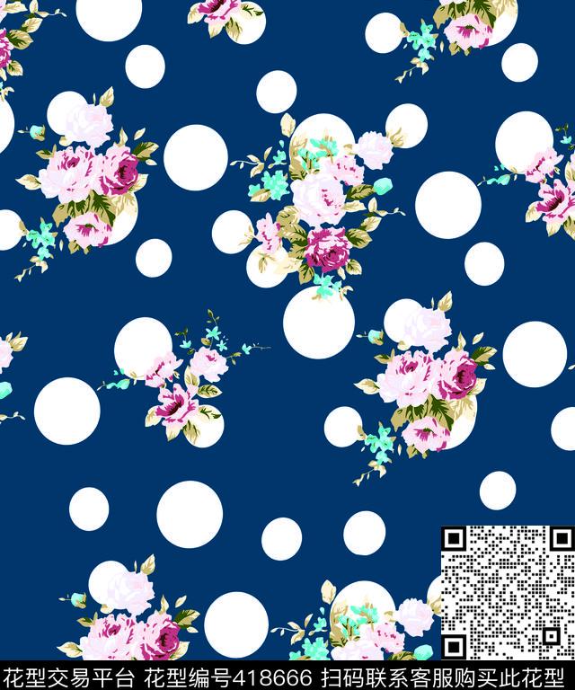 圆点加玫瑰花传统印花华亿平台下载（图片编号: 418666） - 瓦栏（Walan）