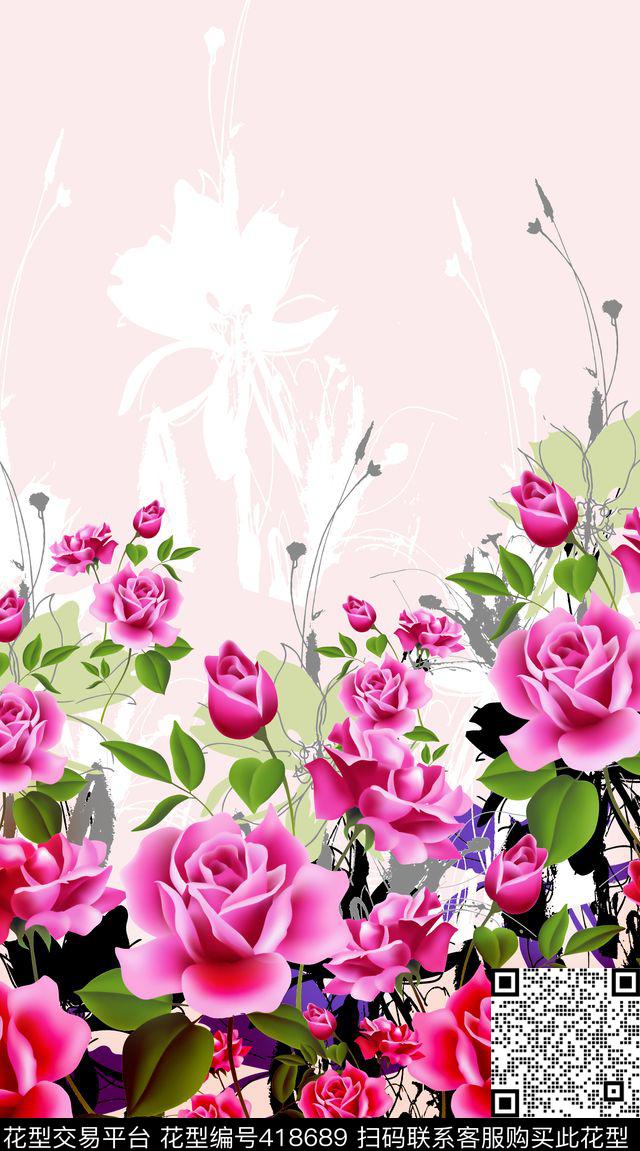 定位花卉玫瑰数码印花华亿平台下载（图片编号: 418689） - 瓦栏（Walan）
