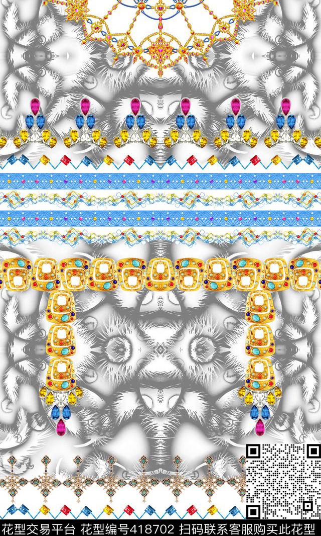 销碎珠宝花纹黑白休闲风数码印花华亿平台下载（图片编号: 418702） - 瓦栏（Walan）