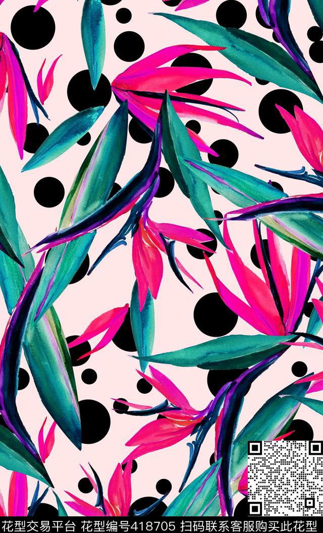 花卉天堂鸟波点数码印花华亿平台下载（图片编号: 418705） - 瓦栏（Walan）