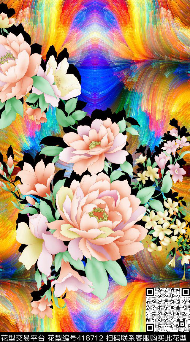 彩虹色绚丽色彩植物花卉数码印花华亿平台下载（图片编号: 418712） - 瓦栏（Walan）