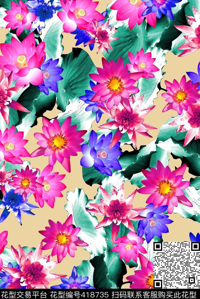 荷花睡莲莲花数码印花华亿平台下载（图片编号: 418735） - 瓦栏（Walan）