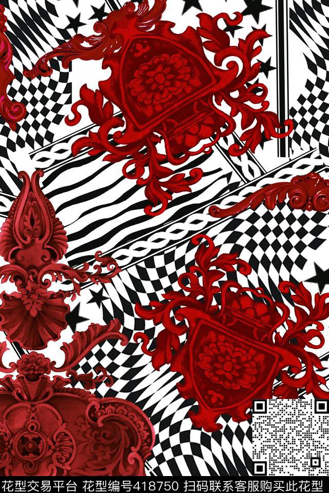 几何卷草纹传统印花华亿平台下载（图片编号: 418750） - 瓦栏（Walan）