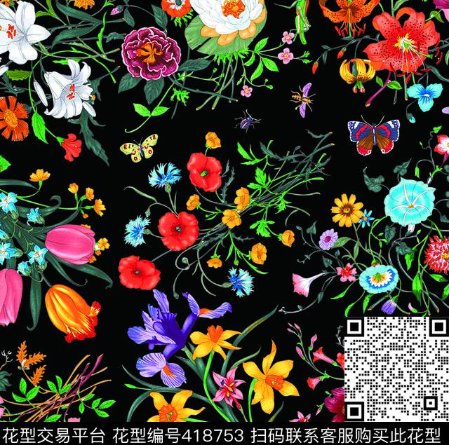 百花3花丛植物数码印花华亿平台下载（图片编号: 418753） - 瓦栏（Walan）