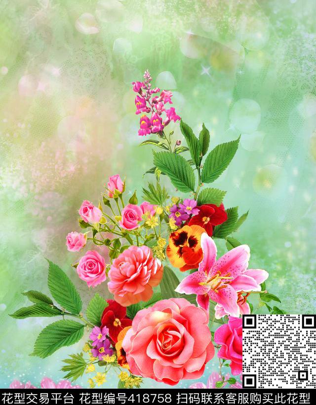 数码定位花卉玫瑰花花卉数码印花华亿平台下载（图片编号: 418758） - 瓦栏（Walan）