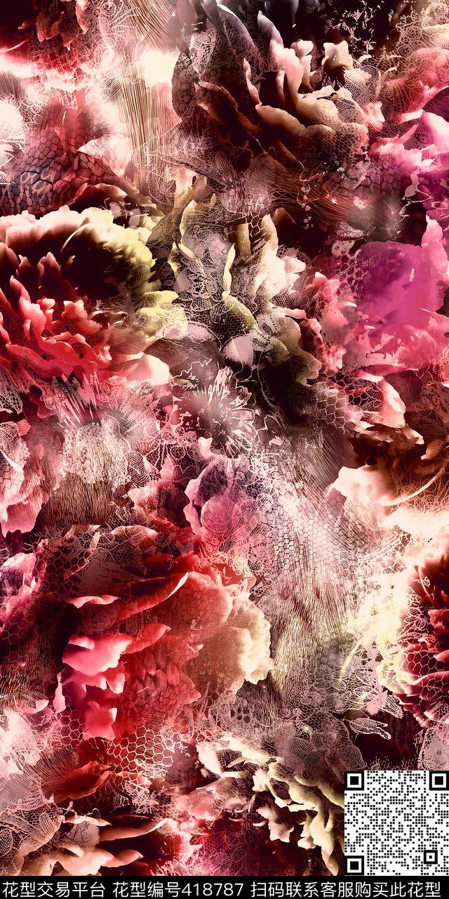 抽象花卉数码印花华亿平台下载（图片编号: 418787） - 瓦栏（Walan）