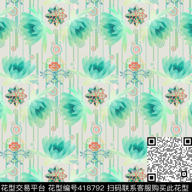 春夏多角形荷花数码印花华亿平台下载（图片编号: 418792） - 瓦栏（Walan）