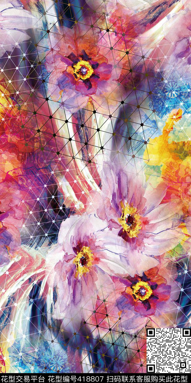 抽象扭曲水彩花卉数码印花华亿平台下载（图片编号: 418807） - 瓦栏（Walan）