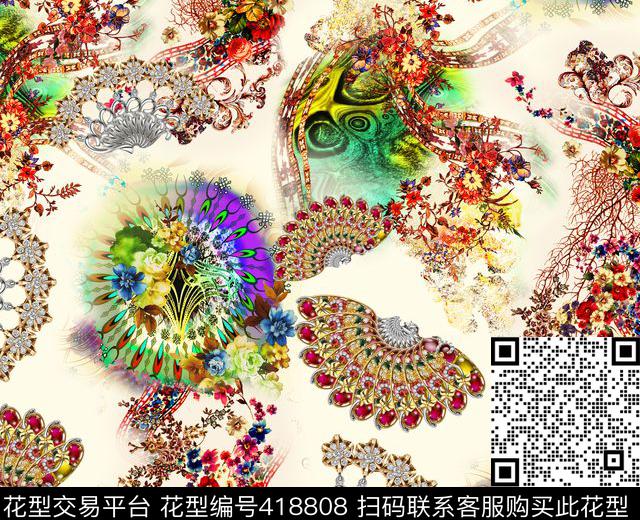 花卉扇子优雅数码印花华亿平台下载（图片编号: 418808） - 瓦栏（Walan）