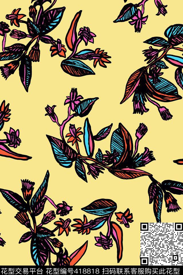 抽象叶子涂鸦花卉风格衬衫裙子华亿平台数码印花华亿平台下载（图片编号: 418818） - 瓦栏（Walan）