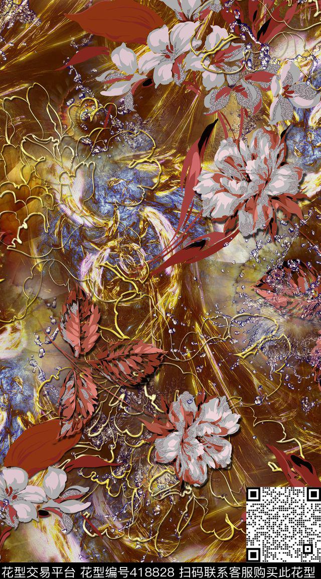 花卉金属拉丝数码印花华亿平台下载（图片编号: 418828） - 瓦栏（Walan）