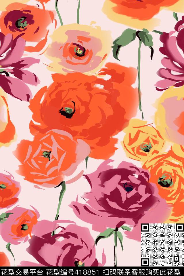 清新抽象花卉传统印花华亿平台下载（图片编号: 418851） - 瓦栏（Walan）