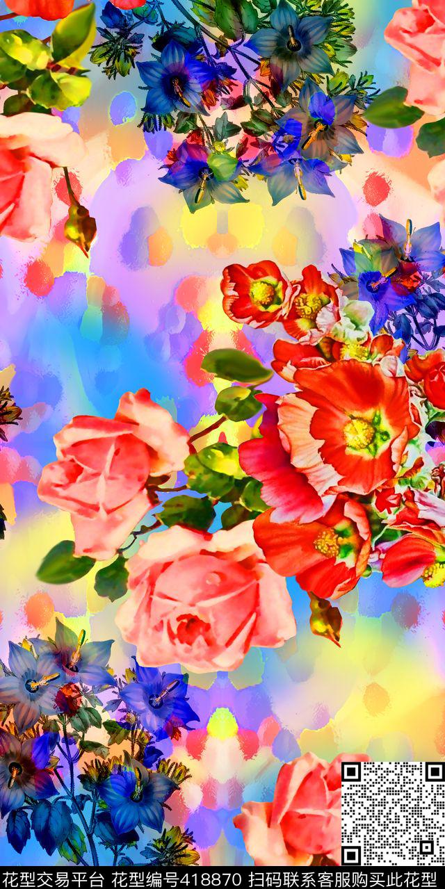 时尚流行新潮水彩画花卉丝绸真丝棉布数码画稿数码印花华亿平台下载（图片编号: 418870） - 瓦栏（Walan）