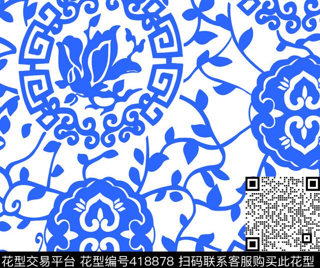 黑蓝花中国风传统印花华亿平台下载（图片编号: 418878） - 瓦栏（Walan）