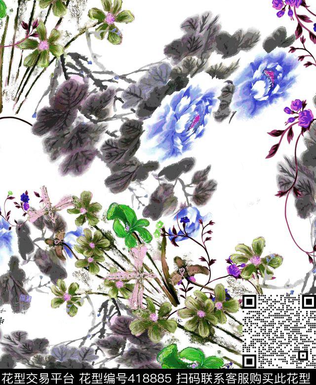 水墨花枝写意数码印花华亿平台下载（图片编号: 418885） - 瓦栏（Walan）