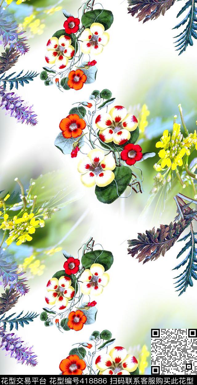 绘画写真枝叶数码印花华亿平台下载（图片编号: 418886） - 瓦栏（Walan）