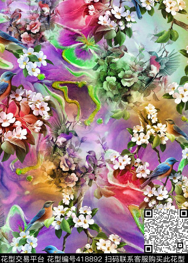 抽象花鸟花卉数码印花华亿平台下载（图片编号: 418892） - 瓦栏（Walan）