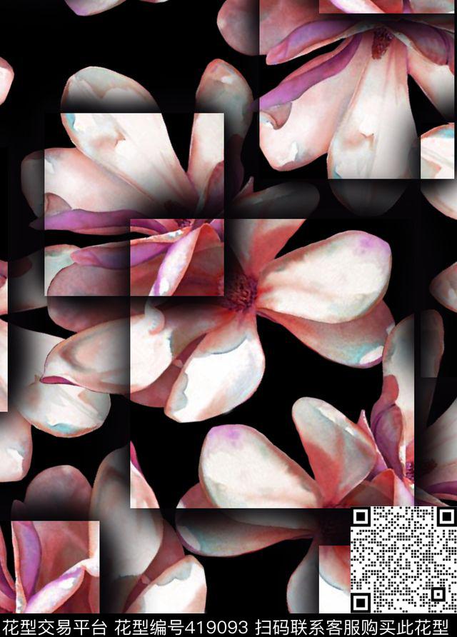 纯黑底阴影几何手绘花数码印花华亿平台下载（图片编号: 419093） - 瓦栏（Walan）