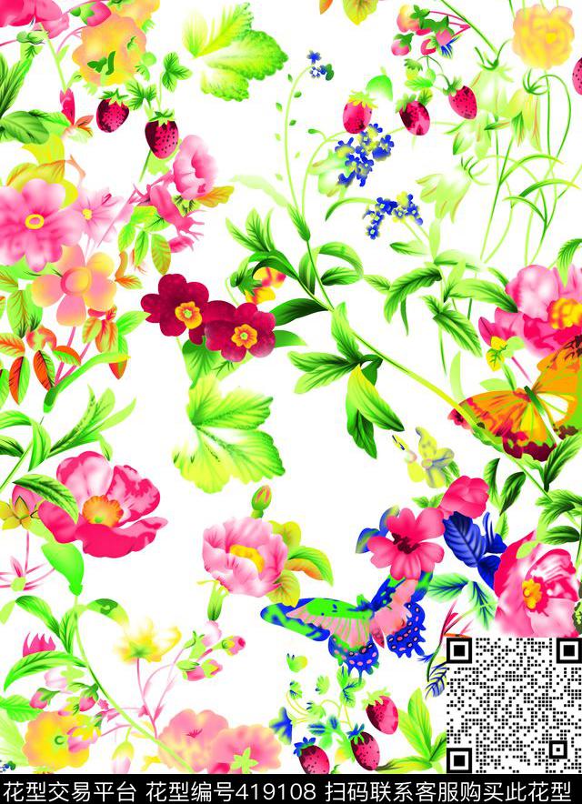 清晰甜美花夲花丛中的蝴蝶传统印花华亿平台下载（图片编号: 419108） - 瓦栏（Walan）