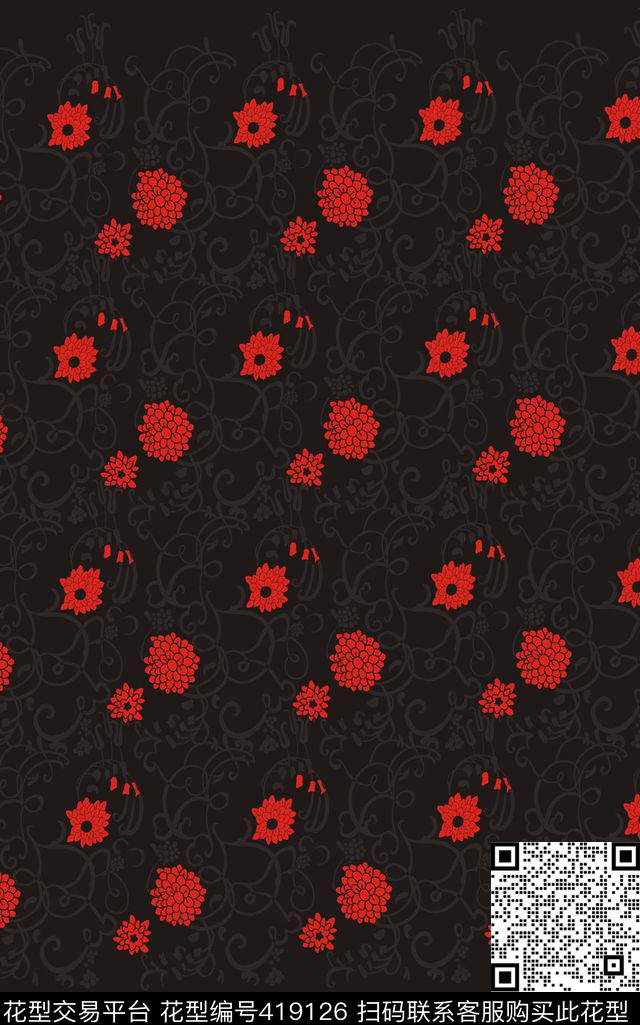 抽象几何花朵花卉暗纹可配色传统印花华亿平台下载（图片编号: 419126） - 瓦栏（Walan）