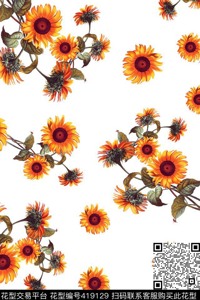 简单花卉清爽向日葵传统印花华亿平台下载（图片编号: 419129） - 瓦栏（Walan）
