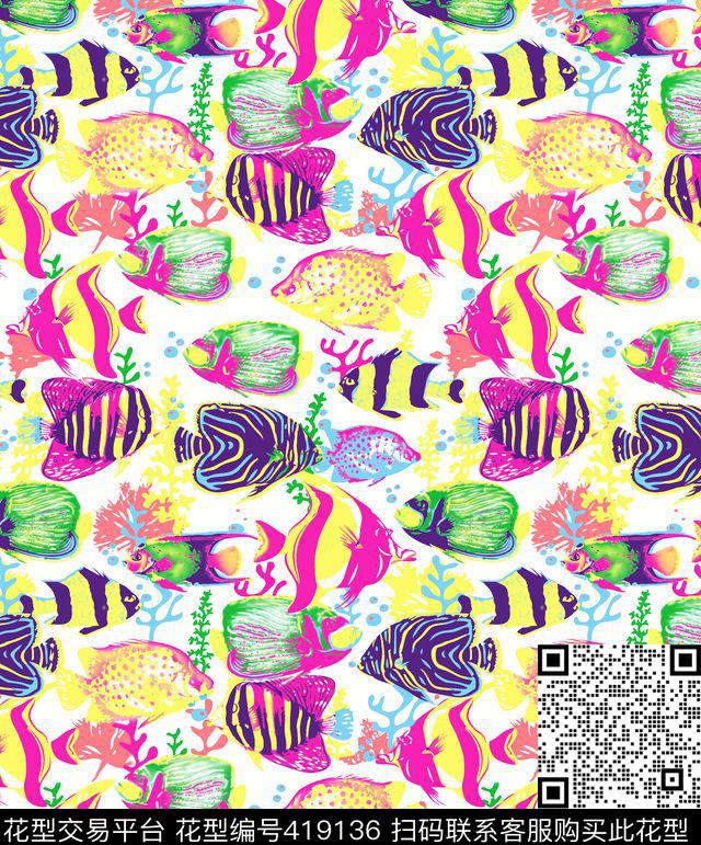 多色海鱼海里生物沙滩花传统印花华亿平台下载（图片编号: 419136） - 瓦栏（Walan）