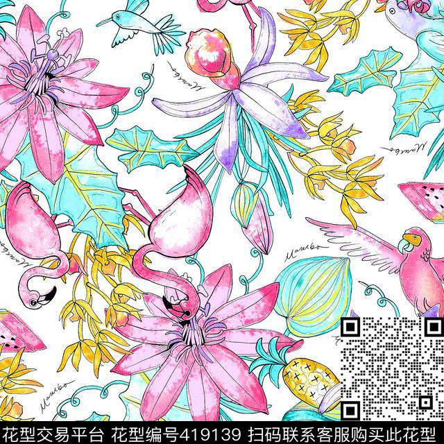 火热鸟菠萝花花花世界传统印花华亿平台下载（图片编号: 419139） - 瓦栏（Walan）
