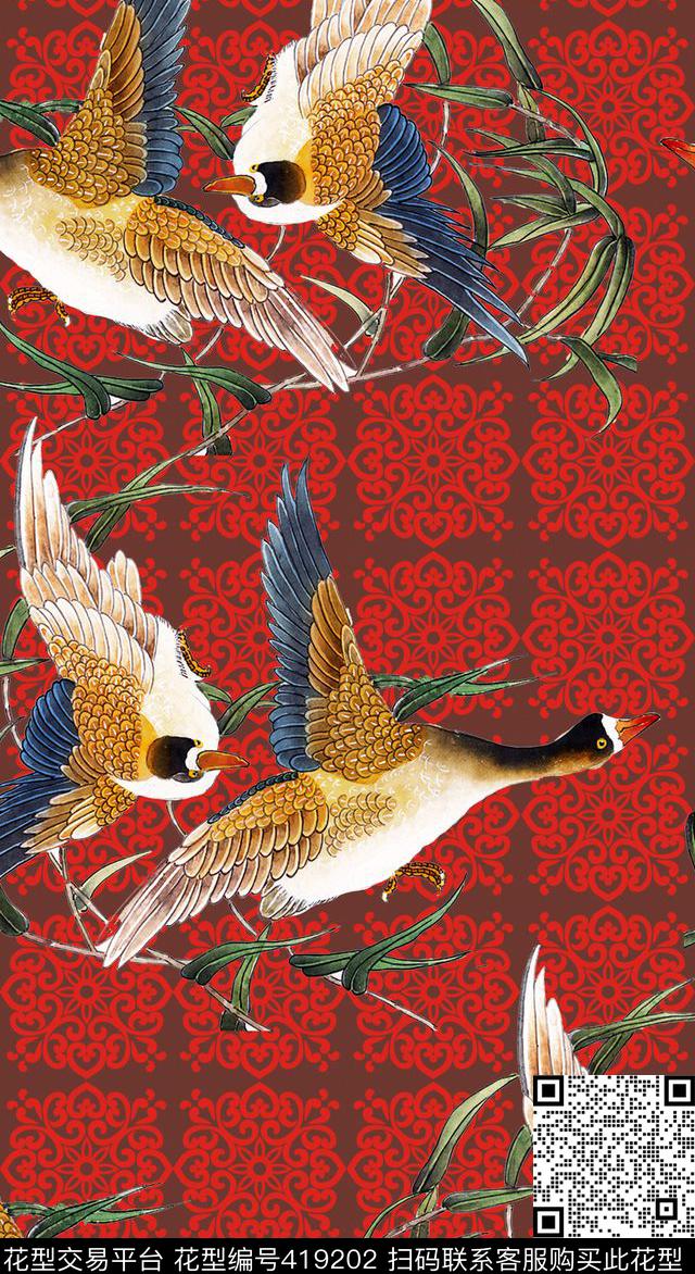 古典鸟纹样数码印花华亿平台下载（图片编号: 419202） - 瓦栏（Walan）