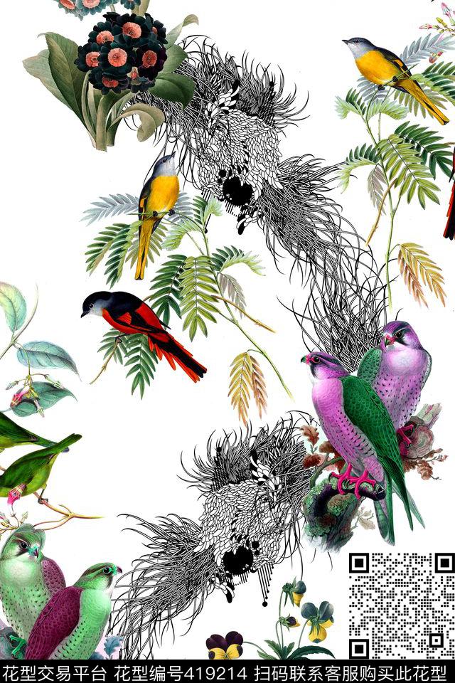 小鸟植物中国风数码印花华亿平台下载（图片编号: 419214） - 瓦栏（Walan）