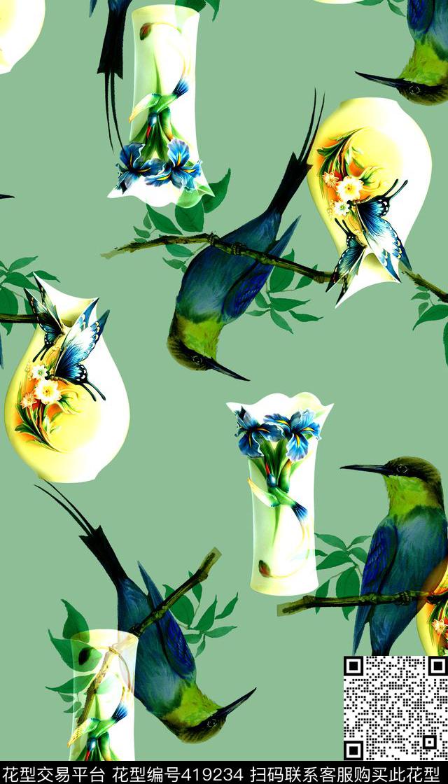 中国风瓷瓶花鸟数码印花华亿平台下载（图片编号: 419234） - 瓦栏（Walan）