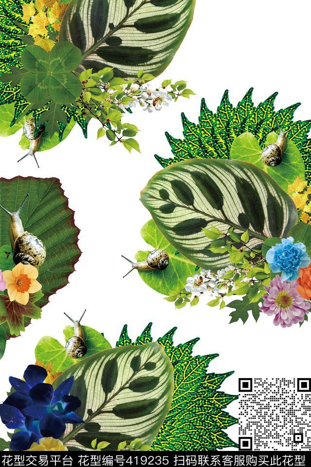 蜗牛写真叶子数码印花华亿平台下载（图片编号: 419235） - 瓦栏（Walan）