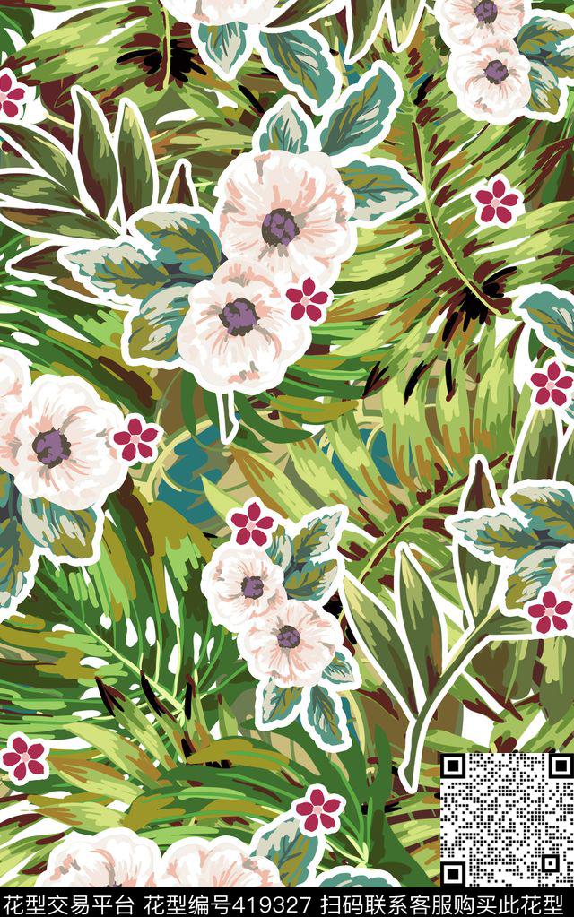 夏日风情树叶数码印花华亿平台下载（图片编号: 419327） - 瓦栏（Walan）