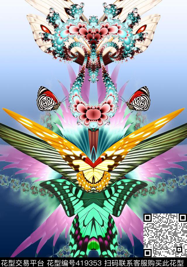 中国风蝴蝶花朵数码印花华亿平台下载（图片编号: 419353） - 瓦栏（Walan）