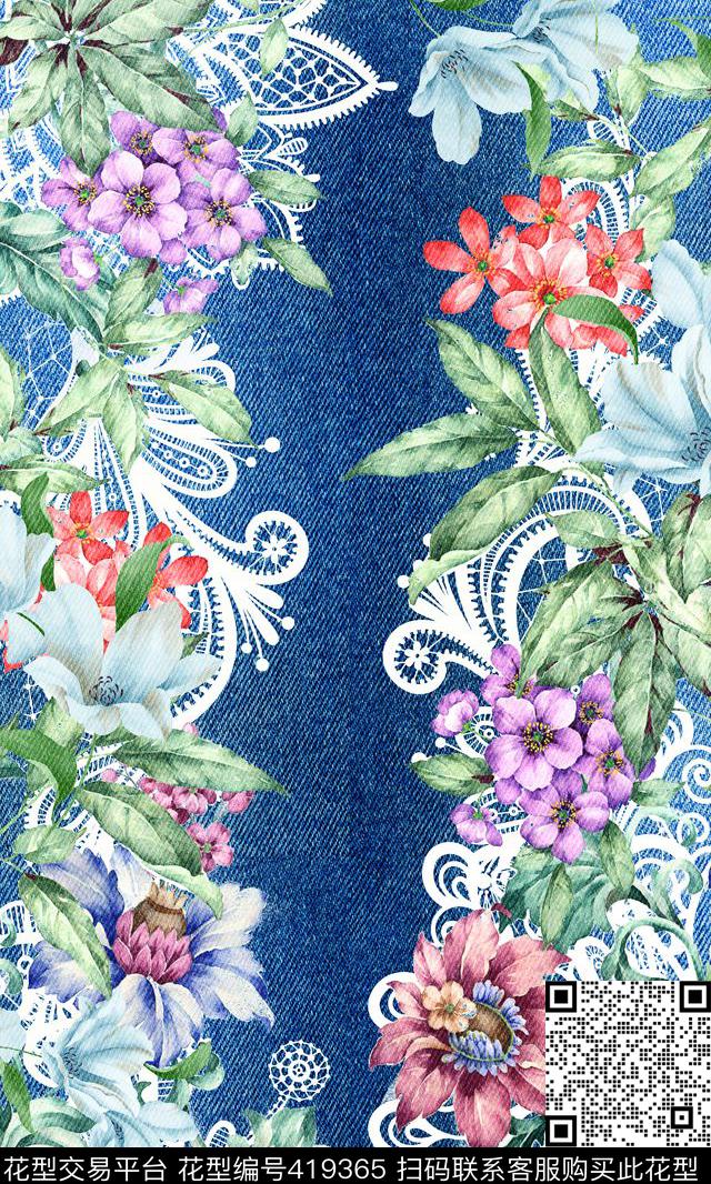 花卉蕾丝牛仔纹数码印花华亿平台下载（图片编号: 419365） - 瓦栏（Walan）