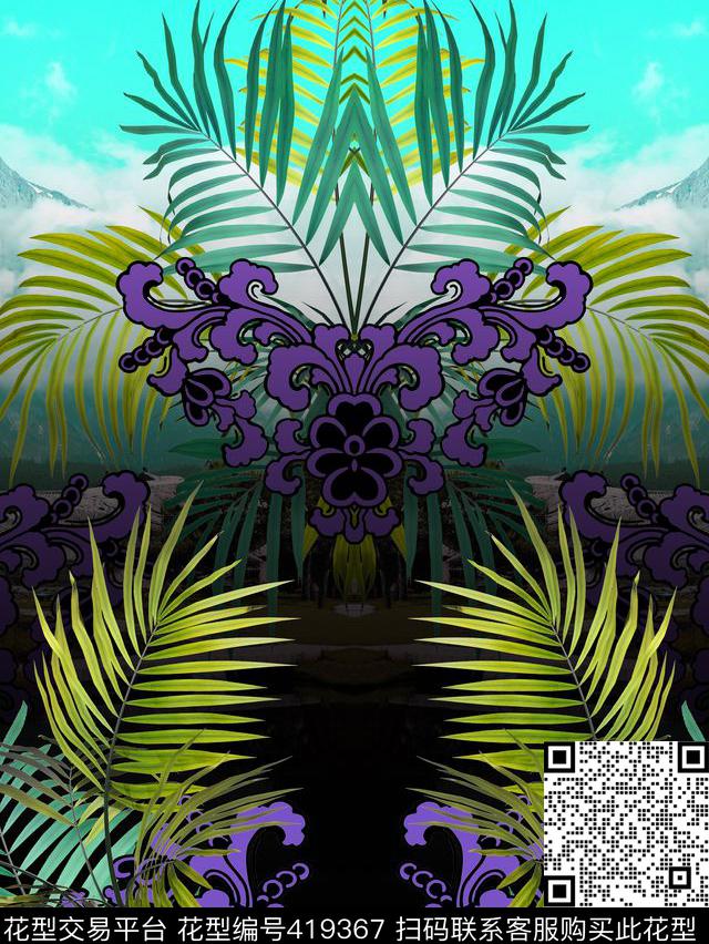中国风植物时尚定位数码印花华亿平台下载（图片编号: 419367） - 瓦栏（Walan）